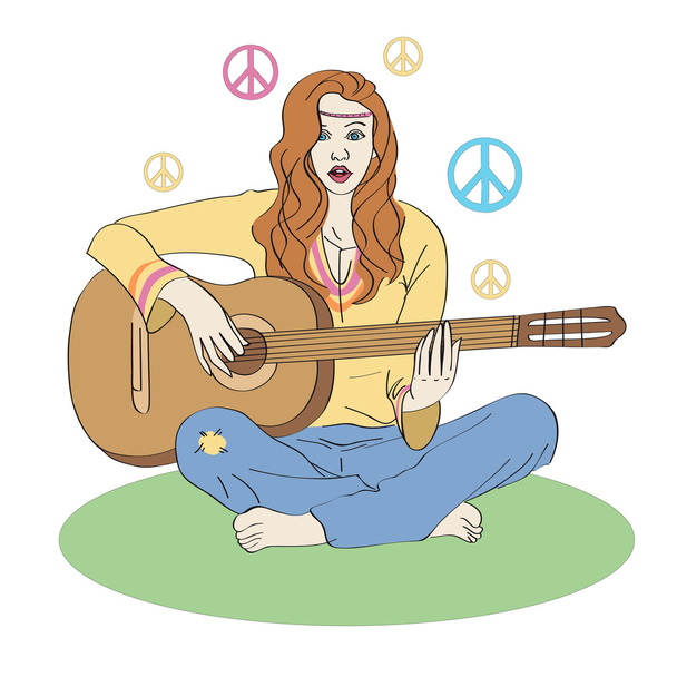 Hippie girl with guitar. - Vector, Image