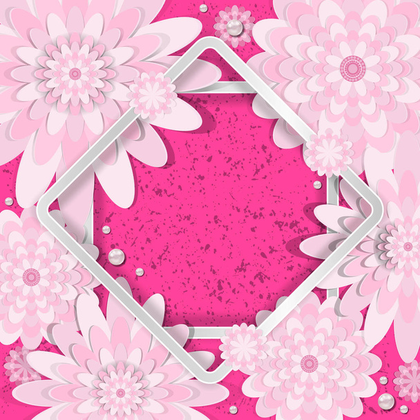 Spring congratulatory floral background. Festive paper flowers on a square light frame. - Vector, afbeelding