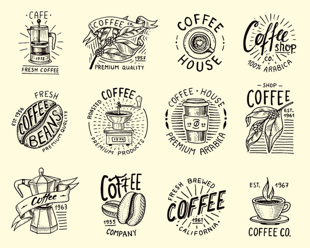 Set of coffee logos. modern vintage elements for the shop menu. Vector illustration. design decoration collection for badges. calligraphy style for frames, labels. engraved hand drawn in old sketch. - Вектор, зображення