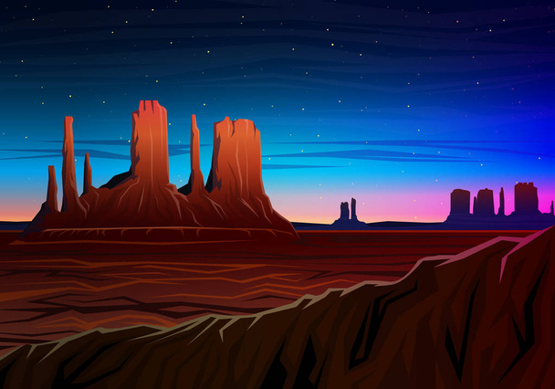 Гора и Долина Монументов, Ночной панорамный вид, персики, пейзаж рано утром. путешествия или кемпинг, скалолазание, векторная иллюстрация для сайта или баннера. Открытые вершины холмов, Хантс-Мбенд, Аризона
 - Вектор,изображение