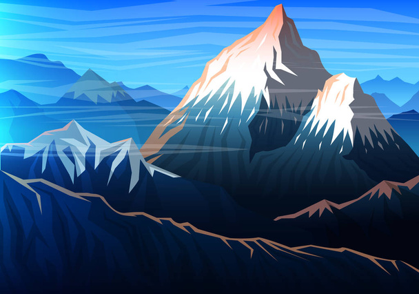 山エベレスト、夕方のピークのパノラマ ビュー、日光の下で初期の風景。旅行やキャンプ、登山します。屋外の丘の頂上、ネパール. - ベクター画像