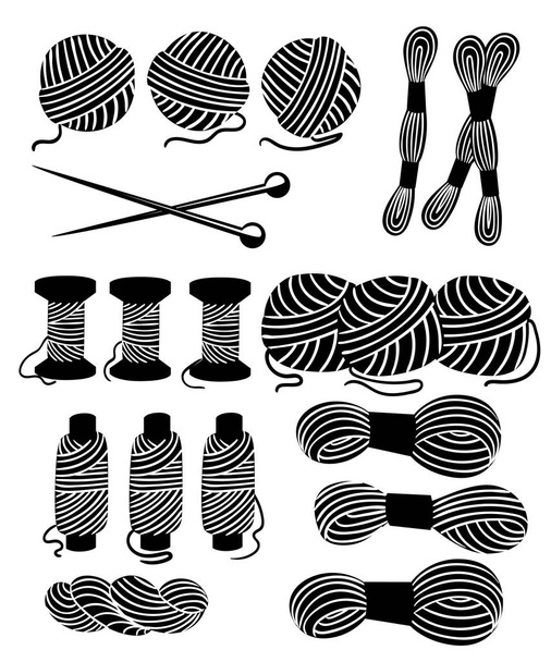 Νήματα για ράψιμο για το διαγώνιο ράψιμο σετ ΕΡΓΑΛΕΙΑ για ράβοντας βελόνες πλεξίματος διάνυσμα μαλλί πλεκτά νήματα νήμα πλεξίματος ύφανση μαλλί διάνυσμα καρτούν εικονογράφηση μαύρη σιλουέτα - Διάνυσμα, εικόνα