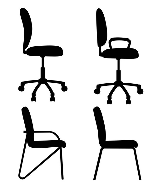 Комплект черных силуэтов стулья для офисов и для дома боковой вид офисные стулья с ручками и без них изолированы на белом фоне веб-сайт страницы и дизайн мобильного приложения
 - Вектор,изображение