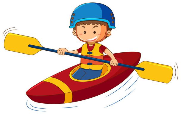 Niño con chaleco salvavidas y casco en canoa
 - Vector, imagen