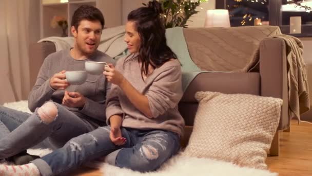 happy couple drinking cacao at home - Video