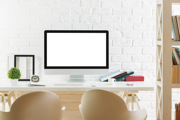 Hipster workspace with blank white computer  - Photo, Image