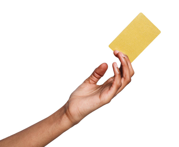 Жіноча рука тримає порожню пластикову картку ізольовано на білому
 - Фото, зображення