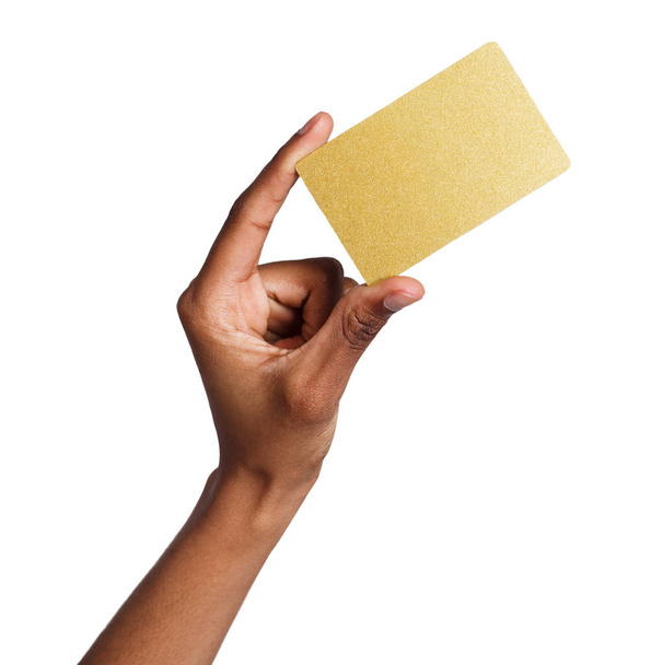 Жіноча рука тримає порожню пластикову картку ізольовано на білому
 - Фото, зображення