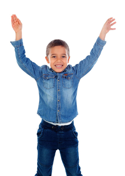 cute happy little African boy in denim shirt raising his arms  isolated on white background - Fotografie, Obrázek