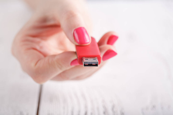 Close up view of usb flash pendrive in female hand - Foto, Imagen