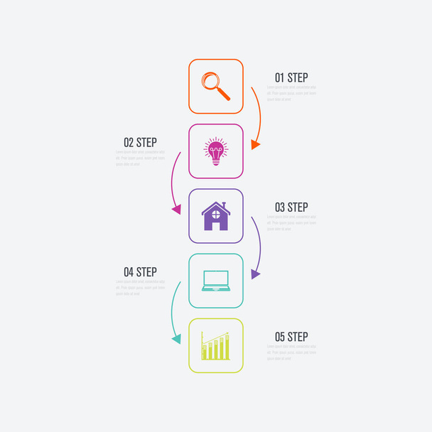 Business infographics template 5 steps with square - Vector, Imagen