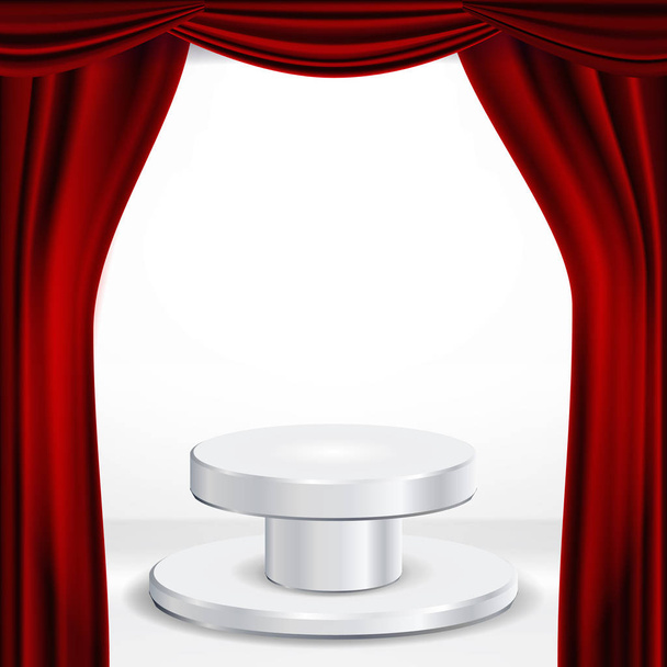 Podium Under Red Theater Curtain Vector. Ceremony Award. Presentation. Pedestal For Winners. Isolated Illustration - Vector, Image