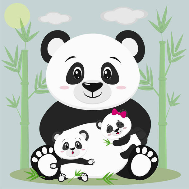 Ένα γλυκό panda κάθεται και κρατάει ένα παιδί με ένα τόξο, δίπλα του κάθεται ένα άλλο μωρό, ξαφνιάζεται. Με φόντο τα δέντρα μπαμπού, τα σύννεφα και ήλιο. - Διάνυσμα, εικόνα