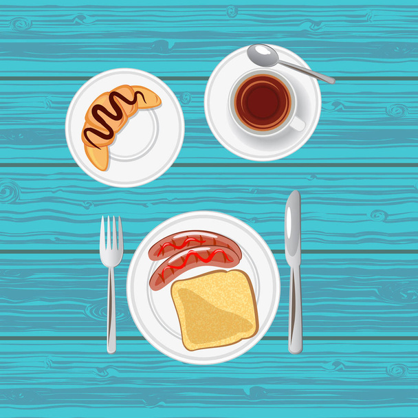 Café da manhã com salsichas, torradas, croissant e chá. Vista superior. Ilustração vetorial
. - Vetor, Imagem