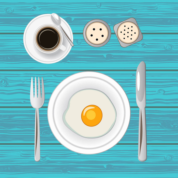 Breakfast with fried egg and coffee. Top view. Vector illustration. - Vektor, Bild