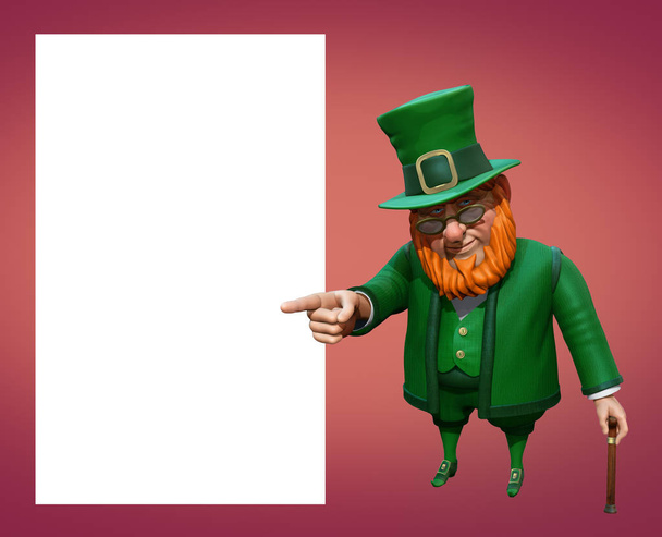 Αστεία καλλικάτζαρος σε πράσινο κοστούμι και καπέλο δείχνει με το δάχτυλό του. 3D rendering - Φωτογραφία, εικόνα