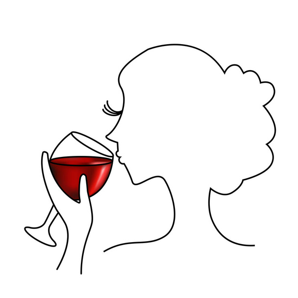 Degustacja wina czerwone - ilustracja z kobietą, która smakuje kieliszek czerwonego wina - Wektor, obraz