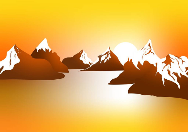 Morning landscape with mountains and orange sky at sunrise with sun reflecting on the surface of the lake  - Vector, Image