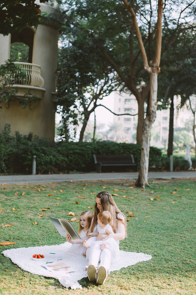 2 つのかわいい妹と公園で夏のピクニックでその母本を読んで - 写真・画像
