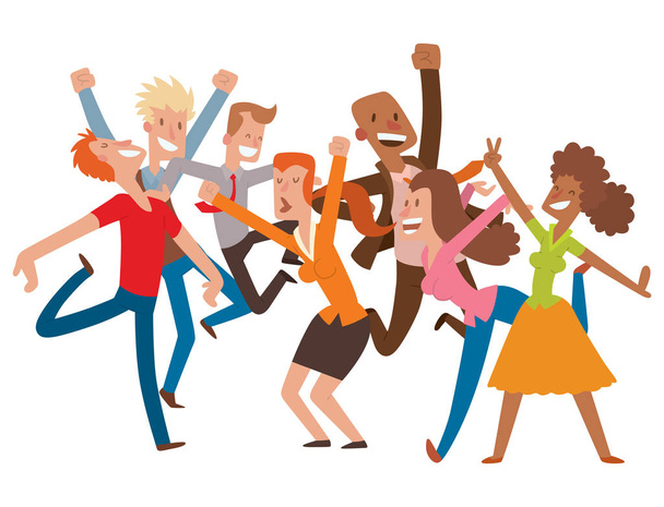 People jumping in celebration party vector happy man jump celebration joy character. Cheerful woman active happiness expression many joyful friends portrait. - Vector, Image