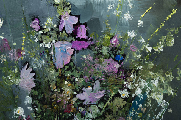 Olejomalby Zátiší s květinami na plátně s texturou - Fotografie, Obrázek
