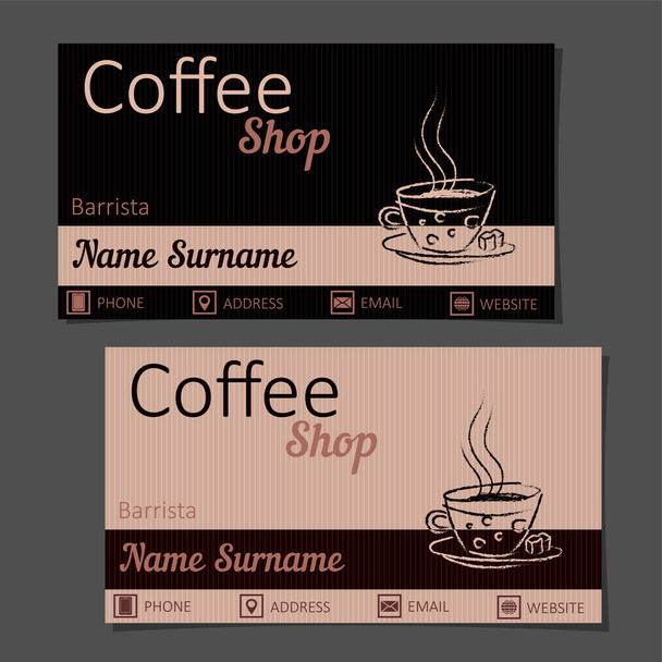 business card coffee shop, bartender, Barista, coffee shop,tea room. In brown-caramel tones with a painted mug of hot drink (tea, coffee, chocolate) - Vector, Image