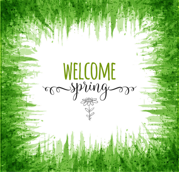 Abstract background with Hello Spring in green colors - Wektor, obraz