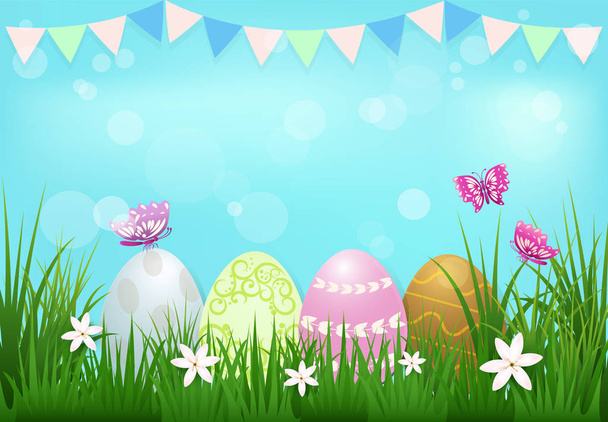 Eggs and butterflies Easter day background - Vector, Image