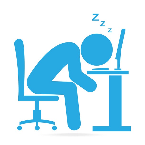 Man sleeping front of computer on work table blue icon - Vector, Image