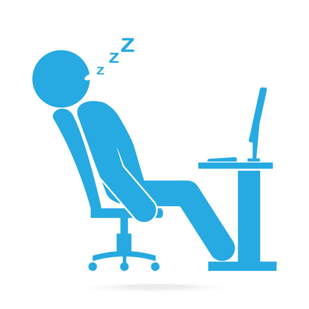 Ember alszik a munka táblázatot kék ikon számítógép elején - Vektor, kép