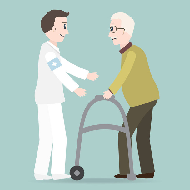 Человек помогает пожилому пациенту с векторной иллюстрацией ходунков
 - Вектор,изображение