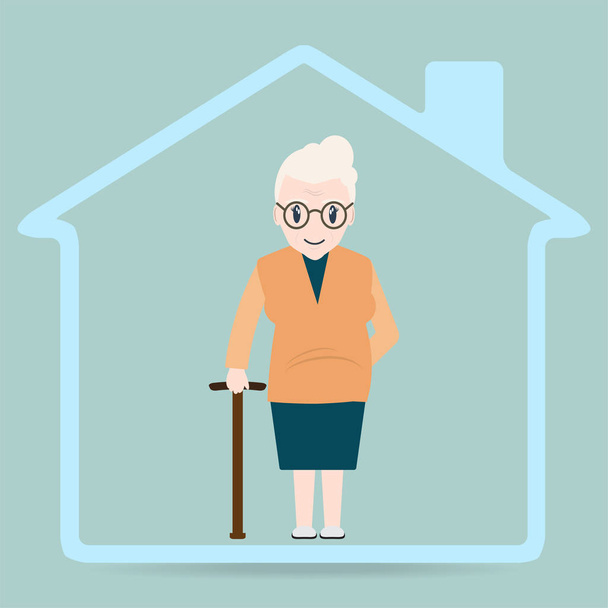 Mulher idosa e ícone de casa, ícone de sinal de lar de idosos. Carro médico
 - Vetor, Imagem