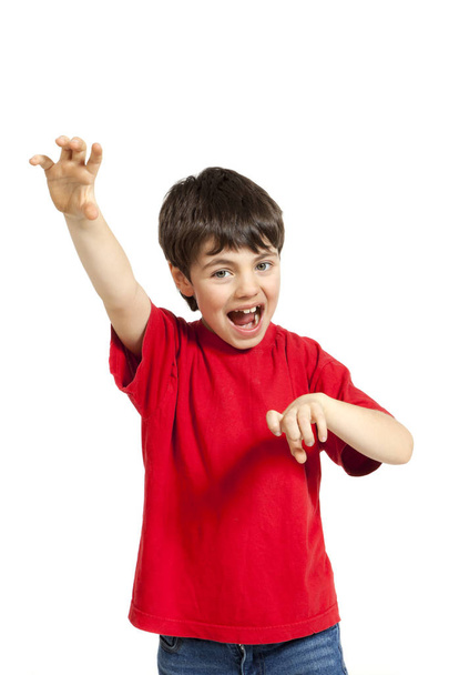 little boy with red shirt on white background - Foto, Imagen