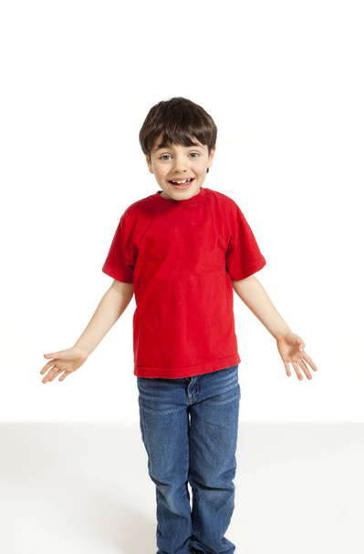 little boy with red shirt on white background - Zdjęcie, obraz
