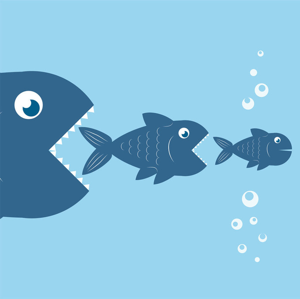 duże ryby jeść mało ryb, projektowanie łańcucha dostaw żywności, ilust wektor - Wektor, obraz