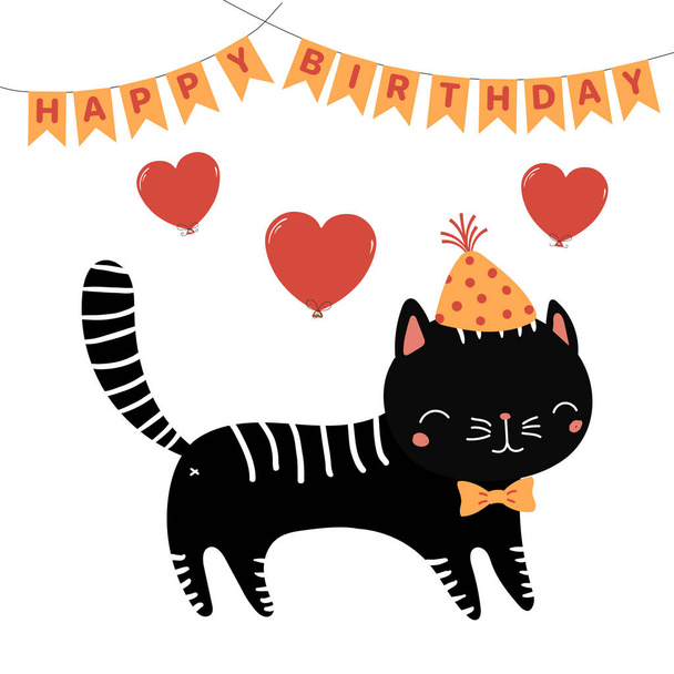Hand drawn Happy Birthday greeting card with cute funny cartoon cat in party hat and bow tie with bunting, vector, illustration - Vector, Imagen