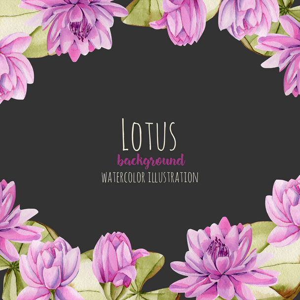 Akvarelem růžové lotus karty šablony, pozdrav card design, ručně malované na tmavém pozadí - Fotografie, Obrázek