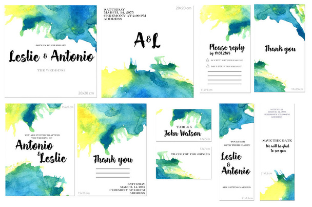 Card templates set with blue and yellow watercolor splashes background; artistic design for business, wedding, anniversary invitation, flyers, brochures, table number, RSVP, Thank you card, Save the date card - Photo, Image