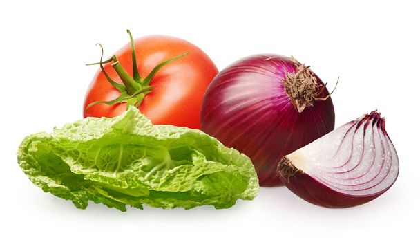 Tomato with green leaf, onion with slice and green salad  - Фото, зображення