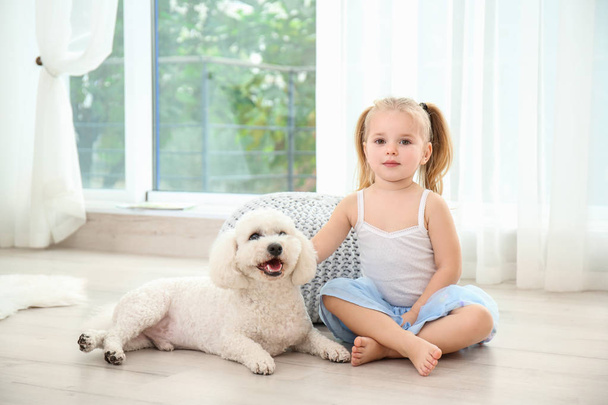 Adorable little girl with her dog at home - Foto, Imagen