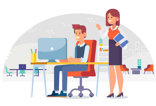 Working in the office. Lady boss and male office worker. Cartoon style, flat vector illustration. - Vector, Image