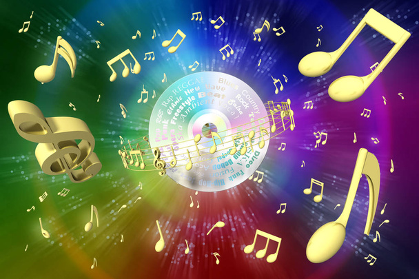 3D-Illustration. Das musikalische Pentagramm dreht sich um Compact Discs. Im Hintergrund das Universum voller Noten - Foto, Bild