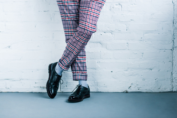 cropped shot of man in stylish pants and shoes standing against white brick wall - Photo, Image