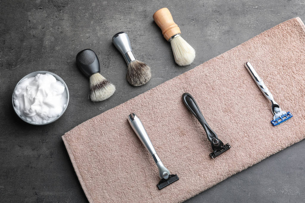 Shaving accessories for man on grey background - Фото, зображення