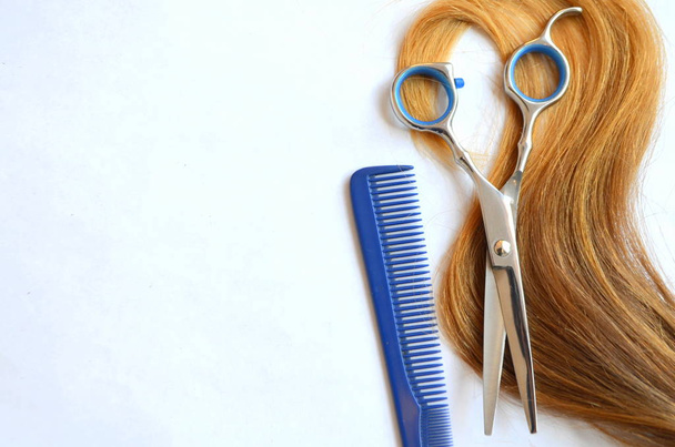 Brin de cheveux avec ciseaux et peigne pour la coupe de cheveux sur fond blanc
 - Photo, image