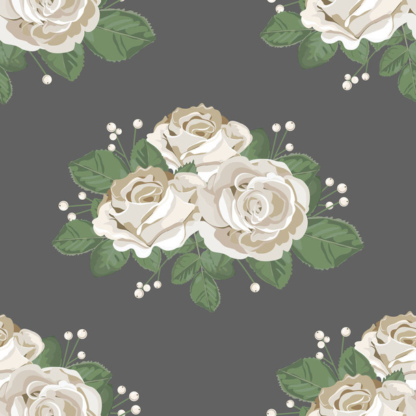 Retro floral seamless pattern. White roses on dark background. Vector illustration - Vector, Image