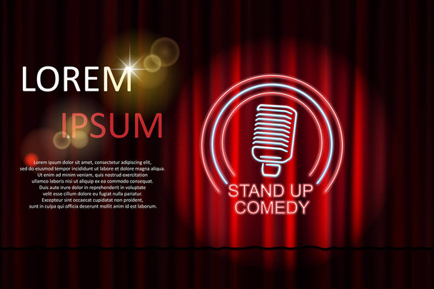 Stand up comedy with neon microphone sign and red curtain backdrop. Comedy night stand up show or karaoke party. Vector illustration - Vector, Image