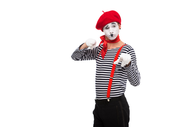grimacing mime pointing on camera isolated on white - Photo, Image