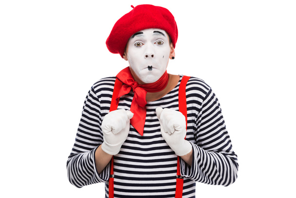 scared mime looking at camera isolated on white - Foto, Bild
