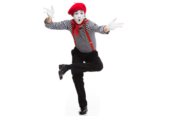 funny mime performing and gesturing isolated on white - Photo, Image